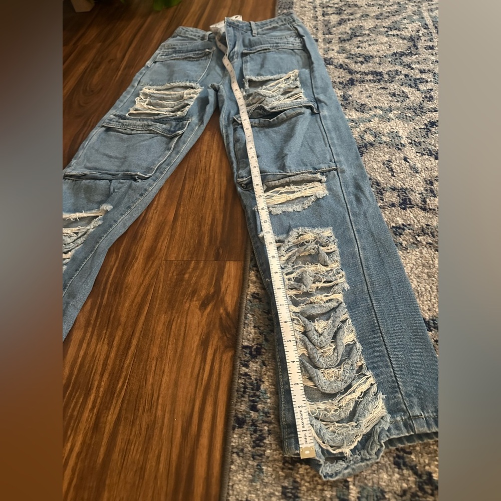 Distressed Light Blue Ripped Patchwork Jeans - Picture 3 of 5